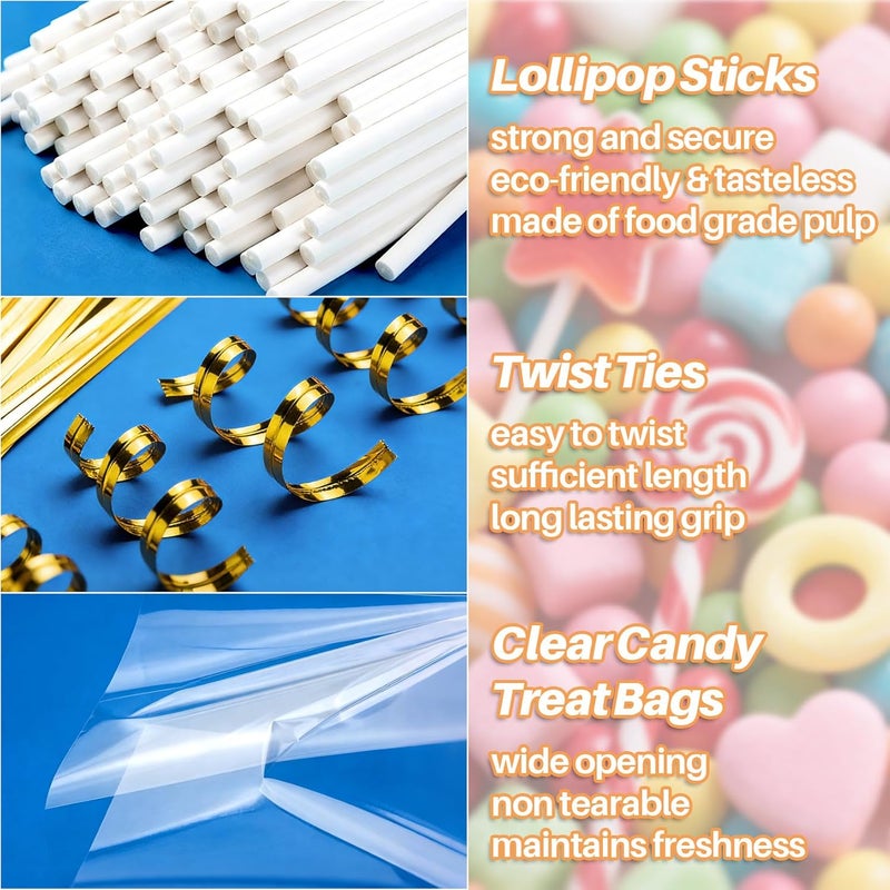 Rainflow 600 Pcs Cake Pop Sticks and Wrappers Kit - Lollipop Sticks and Wrappers Including 200ct Cake Pop Stick,200ct Treat Bags,200 Pcs Twist Ties for Cakepop, Lollipop, Candy, Chocolate - Image 3